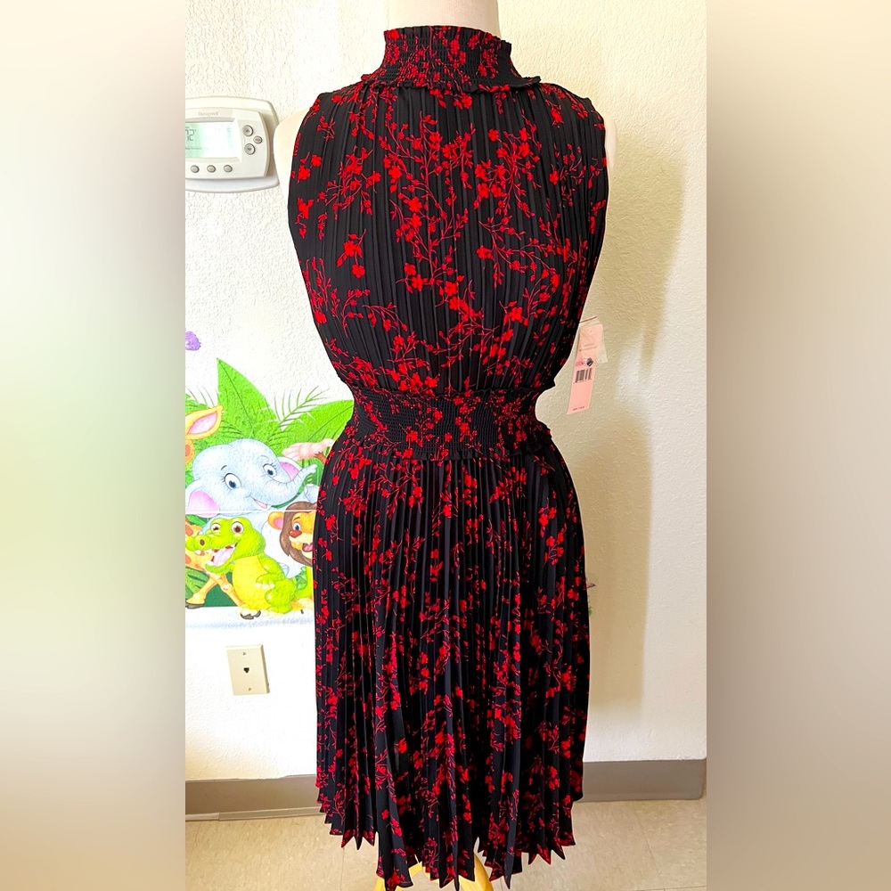 Nanette Lepore Pleated Mock Neck Floral Sleeveless Midi Dress